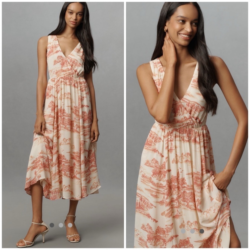 💋Reformation Farah sleeveless v neck Cream and light red Midi Dress. Size 4 - Picture 3 of 10